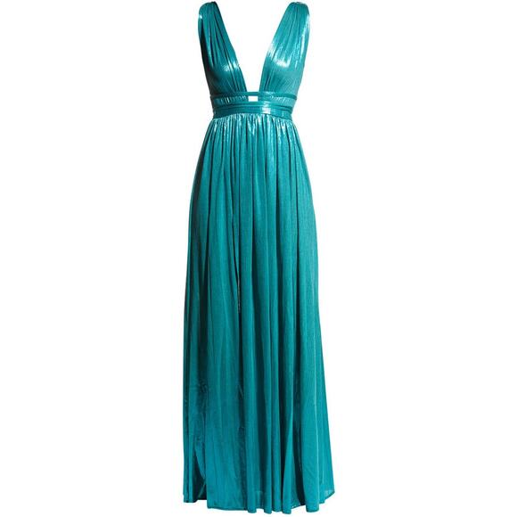 BRONX AND BANCO Romi Metallic Gown Plunge Neckline Dress Teal Turquoise Large 8 - Picture 13 of 13